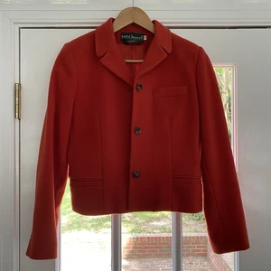Red Burnt Orange Blazer Jacket Buttons Cropped Boiled Wool Cashmere Blend Size 4 - Picture 1 of 12