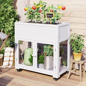 Mini Wooden Cold Frame Greenhouse with Wheels Compact Raised Bed for Indoor - Picture 1 of 12