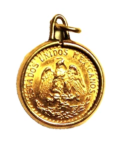 Colgante Moneda Oro Dos Pesos México 1945 con Medalla Bisel 14k - Imagen 1 de 2