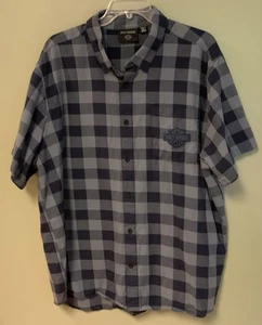 Harley Davidson Short Sleeve Navy Plaid Button Up Shirt Men's 3XL - Picture 1 of 6