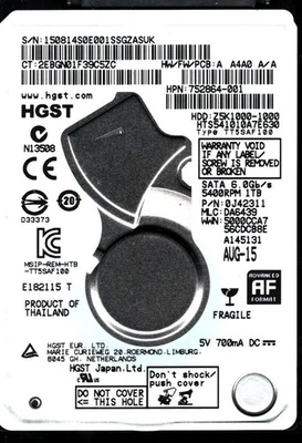 HTS541010A7E630 P/N: 0J42311 MLC: DA6439 THAILAND AUG 2015 HGST 1TB - Image 1 of 2