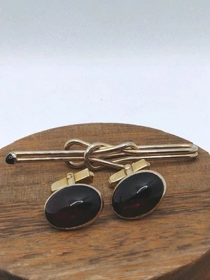 VTG Swank Cufflinks And Tie Clip Gold Tone Deep Red Glass Cabochon Dome Shape - Image 1 of 4