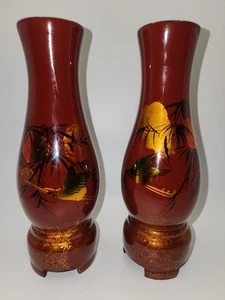 Wooden Hand Painted Vases Maroon Storks Bamboo Asian Black Laquered Inside Pair - Picture 1 of 9