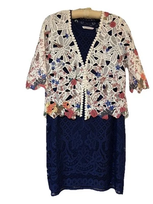 Isaac Mizrahi короткий рукав синий кружевной оверлей платье w/комплимент кружевной жакет Med. - Изображение 1 из 4