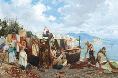 FISHING FAMILY IN THE BAY OF NAPLES ITALIAN PAINTING BY EDUARDO MATANIA REPRO  - Image 1 of 3