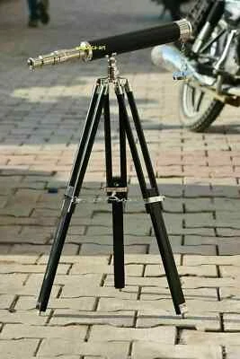 Antique Nautical Floor Standing Brass 18 Inch Telescope With Wooden Tripod Stand - Image 1 of 4