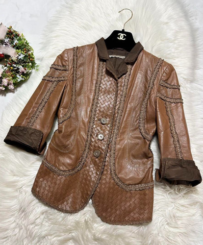 BOTTEGA VENETA Intrecciato Switching Giacca Pelle Frill Tuping Taglia 40 Marrone