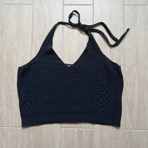 Boohoo Women's Black Crochet Halter V Neck Crop Knit Top Size M/L - Picture 1 of 4