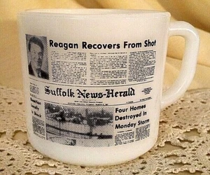 Suffolk News Herald Mug March 31 1981 Milk Glass Anchor Hocking Reagan Shot VA - Picture 1 of 7