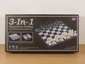 3 in1 Folding Magnetic Board Game Set Chess Checkers Backgammon Games Set - Picture 1 of 8
