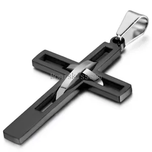 Men's Black Silver Double Hollow Cross Stainless Steel Pendant Necklace Gift - Picture 1 of 8