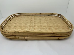 4 Vintage Bamboo Woven Rattan Wicker Serving Trays Tiki Bar, Beach 19"x 13" - Picture 1 of 21