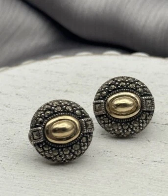 Judith Jack Sterling Silver Marcasite 14K Gold Clip On Earrings - Image 1 of 4