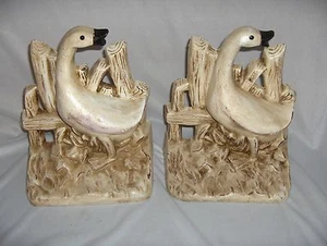 Vintage Cast Metal Book Ends Bookends Cream Colored Duck & Wood Fence NICE - Picture 1 of 6