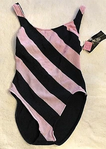 NWT Robby Len One Piece Bathing Suit 80's Pink Black Knit Diagonal Stripe Sz 16 - Picture 1 of 8