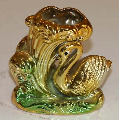 Vintage Japanese Lustreware Swan Vase - Green and Gold - 1960s - Kitsch - image 1 of 4