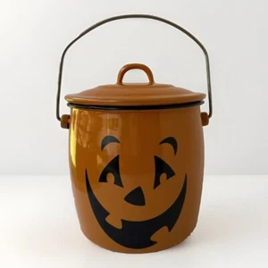 Hallmark Halloween Orange Enamelware Pumpkin Jack-o-Lantern Metal Candy Pail 10" - Picture 1 of 10