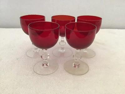 VTG Ruby Red Cordial Cocktail Glasses Goblets Set of 5 Fancy Clear Stems 4.5” - Image 1 of 2