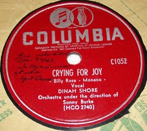 Columbia C1052 Dinah Shore Crying For Joy / Little White Lies 78 RPM E E - Picture 1 of 2