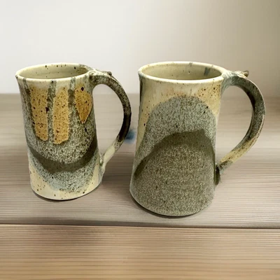 Pair-Handmade Studio Speckled Pottery Coffee Mugs Cups Tall Latte-Signed - Image 1 of 4