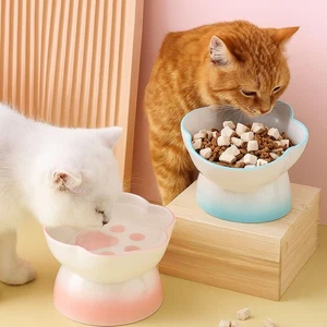 Cute Ceramic Cat Bowl Dogs Food Bowl High Foot Slanted Flat Feeders Bowl US - Picture 1 of 16