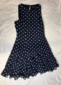 Lauren Ralph Lauren 4 Black White Polka Dot Belted Slinky Knit Midi Dress Preppy - Picture 1 of 4