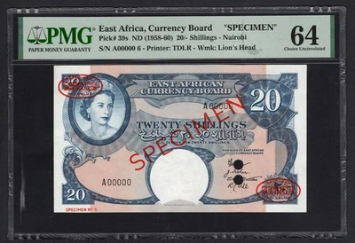 East Africa 20 Shillings ND(1958-60) P39s "Specimen N.6" UNC Grade 64 - Image 1 of 2
