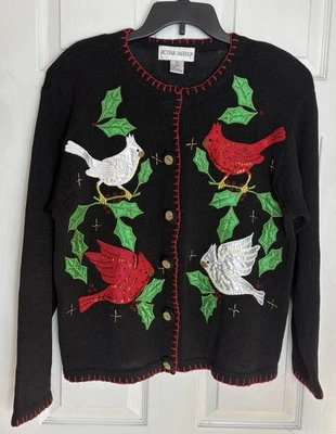 Suéter Victoria Harbour Holiday para mujer L Cardinal Navidad pájaros botón delantero ramio Foto 1 de 4