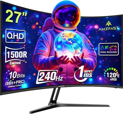 Amzfast 27 Inch 240Hz Gaming Monitor, QHD 2560x1440p, Curved VA Panel, 1500R, 1m - Image 1 of 4