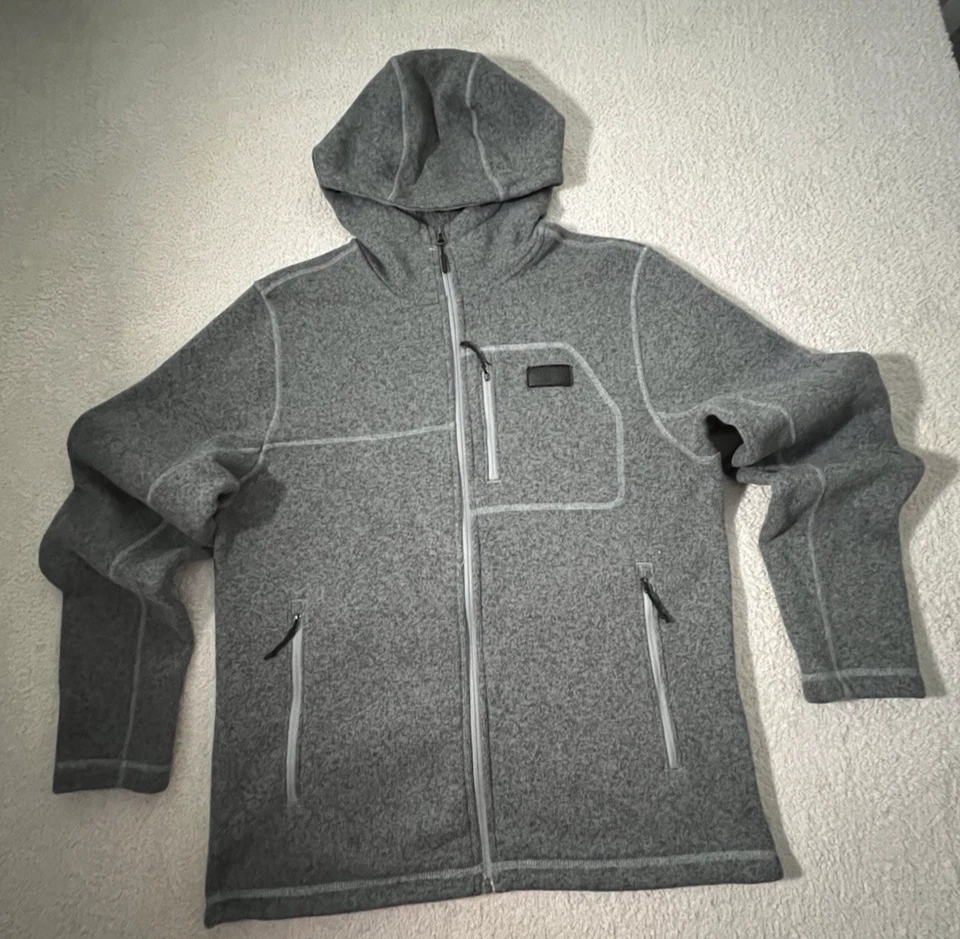 North Face 全拉链连帽衫男式夹克灰色 L 夏尔巴内衬皮革徽标 — 第 1/4 张图片