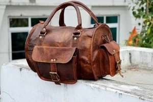 Goat Leather Brown Gym Duffle Travel Luggage Men Bag Bags Vintage 13" - Picture 1 of 6