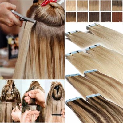 Thick 200g 80pcs Tape In Remy Human Hair Extensions Skin Weft FULL HEAD Straight - Image 1 of 4