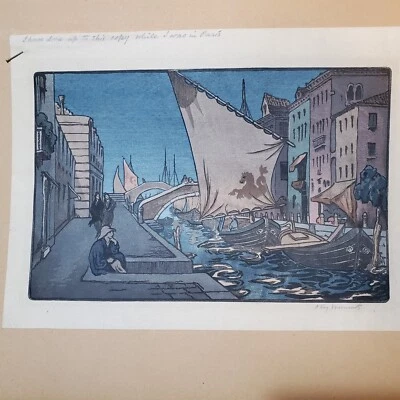 Raro estampado en madera Andrew Kay Wornrath escena nocturna de Venecia Foto 1 de 4