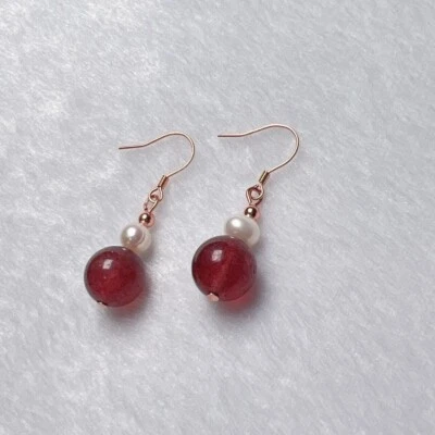 Beautiful 8mm Drop Red Jade South Sea White Pearl Dangle Earrings 14k Gold P - Image 1 of 4