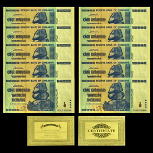 10 Stück Zimbabwe / Simbabwe 100 Trillion Dollar Goldfolien-Banknoten - Sammlung