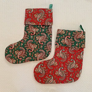 Handmade Christmas Stockings Set Of 2 Red Hunter Green Paisley 90's Country 16" - Picture 1 of 9