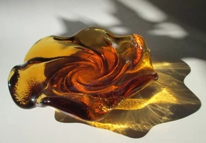 Vintage Amber Swirl Art Glass Bowl ASHTRAY 8" Trinket Dish Solid Chunky Heavy - Picture 1 of 11