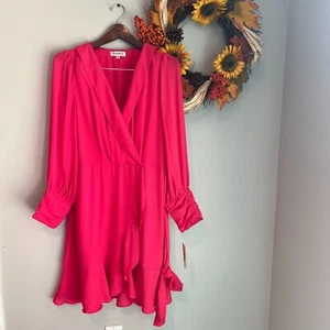 Nanette Lepore Long Sleeve Ruffle Faux Wrap Dress Sz 14 in Monticello Rose Pink - Picture 1 of 11