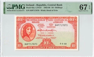 IRELAND 10 Shillings 1968, P-63a, PMG 67 EPQ Superb Gem UNC, Rare Grade - Picture 1 of 2