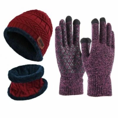 Men Women 1/3Pcs Warm Knit Beanie Hat Scarf Touch Screen Ski Gloves Cap Winter - Image 1 of 4