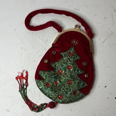 Bolso sin asas adornado con árbol de Navidad con cuentas asa superior bloqueo de beso bolso de vacaciones Foto 1 de 4
