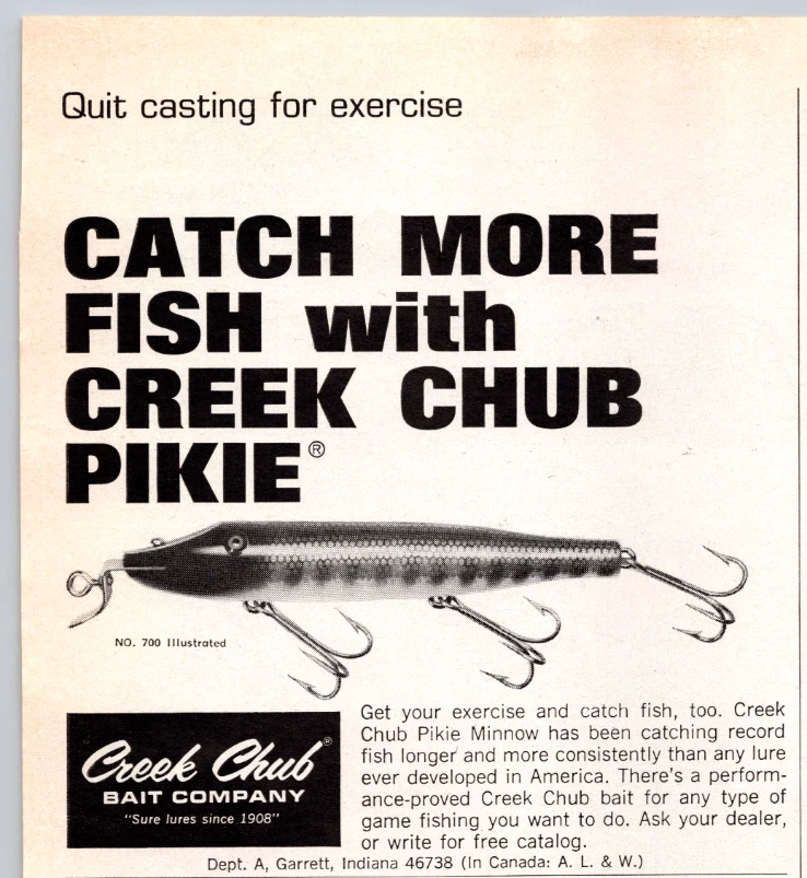 1967 Impreso Anuncio Creek Chub Bait Company Garrett IN Pikie Señuelo Atrapa más peces Foto 1 de 1
