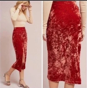 Anthropologie Maeve Crushed Velvet Midi Skirt Slit Lined Western Boho Orange 0 - Picture 1 of 9
