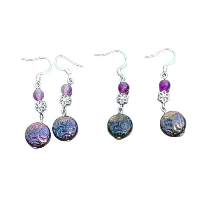 Czech glass pressed floral disk dyed agate beads 925 silver plated wires - Image 1 of 2