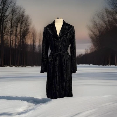 Vintage Guess Collection Long Vegan Fur Coat Women’s Medium Black Waist Belt USA - Image 1 of 4