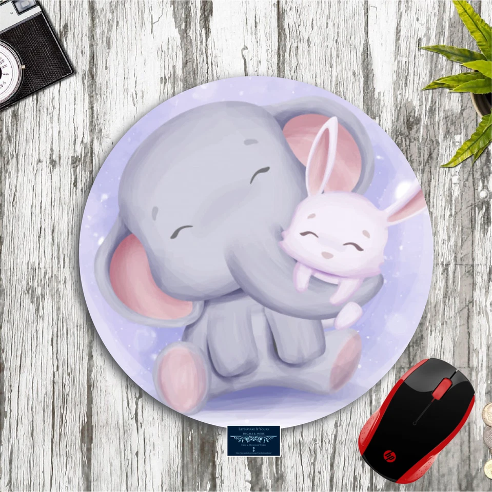 ELEPHANT BUNNY ART PURPLE 8" ROUND PC MOUSEPAD DESK MAT HOME OFFICE SCHOOL GIFT - Image 1 of 1