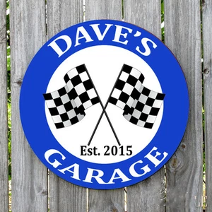 PERSONALIZED ROUND CHECKER FLAG GARAGE METAL SIGN - Picture 1 of 1