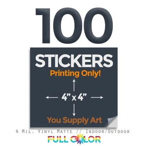 100 PEGATINAS DE VINILO DE CALIDAD PERSONALIZADA; solo impresión + envío gratuito (4"" x 4") cuadrado - Imagen 1 de 1