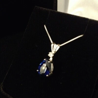 Natural Blue Sapphire Pendant, Pear Cut Silver Sapphire Necklace for New Wife - Image 1 of 3