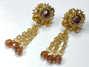 W.GERMANY Vintage Gold Tone Dangle Clip Earrings Amber Colored Stones - Picture 1 of 8